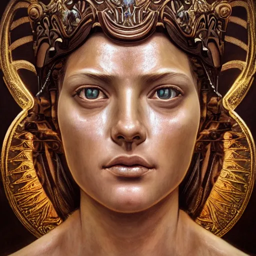 Image similar to hyperrealistic mixed media painting of beautiful goddess Athena, stunning 3d render inspired art by P. Craig Russell and Barry Windsor-Smith, perfect facial symmetry, dim volumetric lighting, 8k octane beautifully detailed render, post-processing, portrait, extremely hyper-detailed, intricate, epic composition, brown brown brown brown brown brown eyes, realistic realistic realistic eyes, cinematic lighting, masterpiece, trending on artstation, detailed detailed detailed, masterpiece, stunning