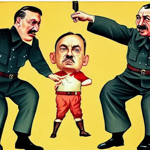 Image similar to viktor orban, hitler and stalin take part in a farting contest 1 9 4 4, nazi propaganda art, colored, highly detailed