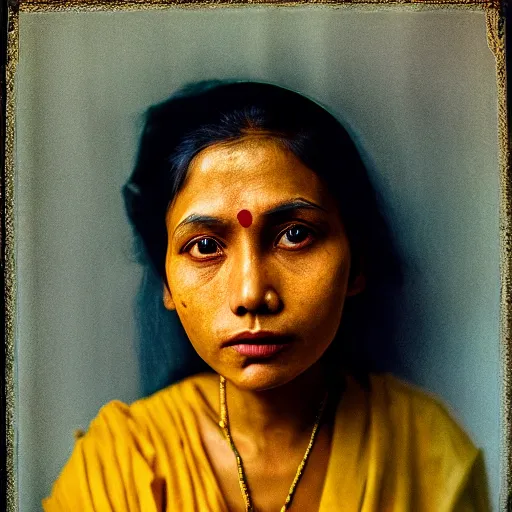 Prompt: realistic expired fuji film portrait of assamese lady mix, marigold celestial vibe, hyperrealism, hypermaxiymalism, photorealistic, detailed, atmospheric, 8 k, award winning photography, cinematic