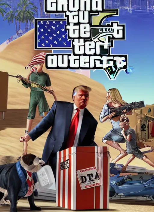 Image similar to gta 5 game poster showing donald trump with cardboard box outside mar - a - lago, wide shot, lego,