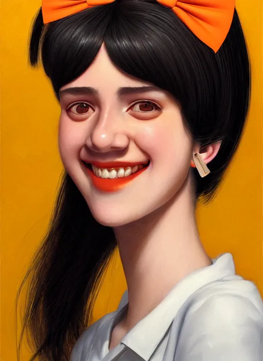 Image similar to portrait of high school girl, realistic, black hair, bangs, half updo hairstyle, pointy nose, skinny, smile, ugly, defined jawline, big chin, orange hair bow, earrings, intricate, elegant, glowing lights, highly detailed, digital painting, artstation, sharp focus, illustration, art by wlop, mars ravelo and greg rutkowski