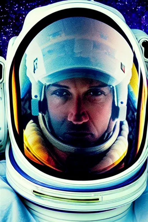 Image similar to extremely detailed portrait of space astronaut, holds iphone up to visor, reflection of iphone in visor, moon, alien, extreme close shot, soft light, award winning photo by david lachapelle