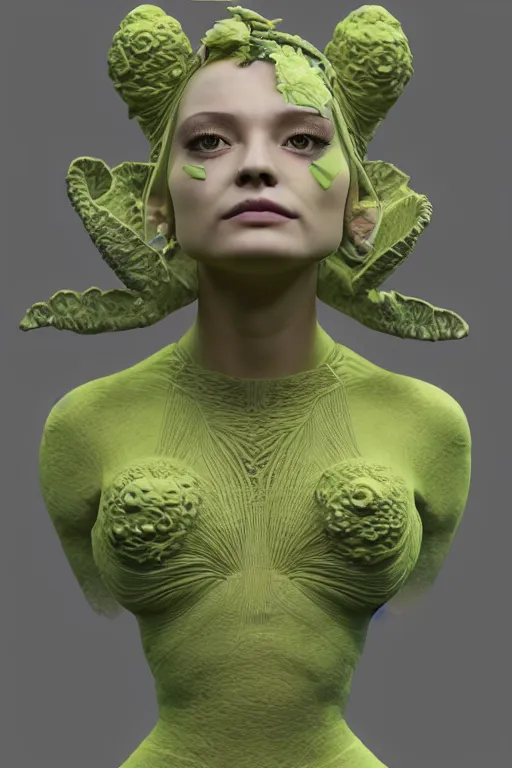 Image similar to epic 3 d sculpture of trans model, porcelain headdress, 2 0 mm, with pastel yellow and pastel green hextech bursting, perlin noise melting into bulbasaur, delicate, beautiful, intricate, houdini sidefx, artstation, by jeremy mann and ilya kuvshinov, jamie hewlett and ayami kojima