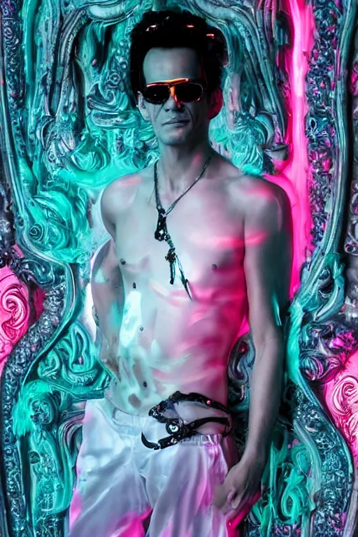 Image similar to full-body rococo and cyberpunk style neon statue of a young attractive Marc Anthony wearing cholo shades macho dotado e rico android sim roupa reclining con las piernas abertas e la piroca dura, ethereal white dripping tar, glowing orange lasers, pink tigers, glowing eyes, silver prince crown, black gears, pink diamonds, swirling mint-colored silk fabric. futuristic elements. full-length view. human skulls. large intricate artwork by caravaggio. Trending on artstation, octane render, cinematic lighting from the right, hyper realism, octane render, 8k, depth of field, 3D