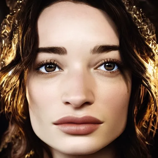 Image similar to Beautful portrait shot of crystal reed, realistic face, detailed, beautiful lighting, movie still