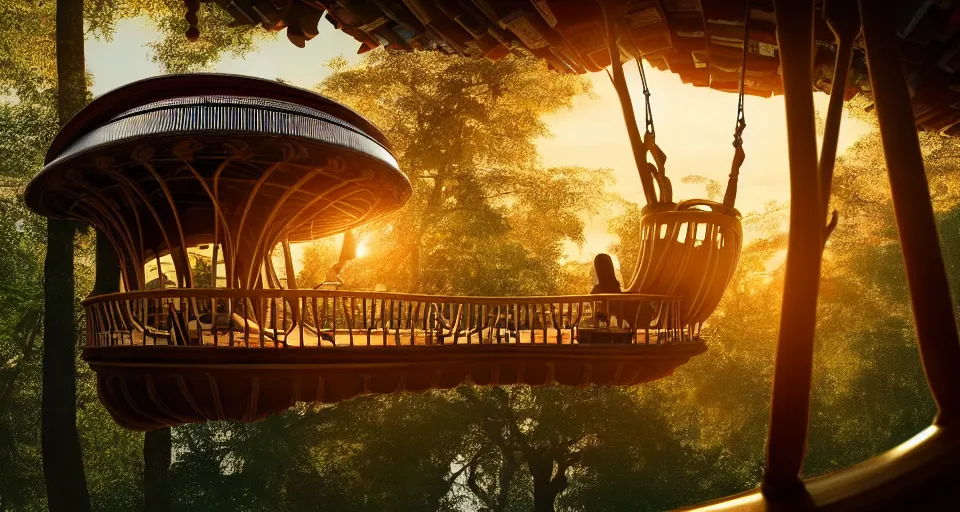 Image similar to A scene from a 2022 fantasy film featuring a cozy art nouveau reading nook inside a treehouse in a fantasy city. Suspended walkways. Disorganized ancient books. Golden Hour. 8K UHD.