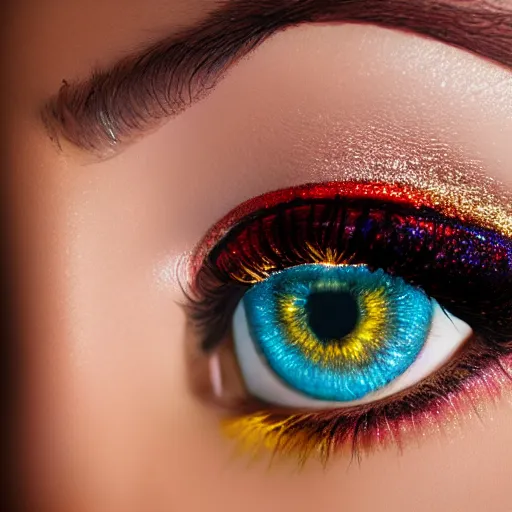 Prompt: close view of an eye of a woman with complex makeup, gems, gold, bright colors ultrawide lens, details, studio lighting, realism, complex lights