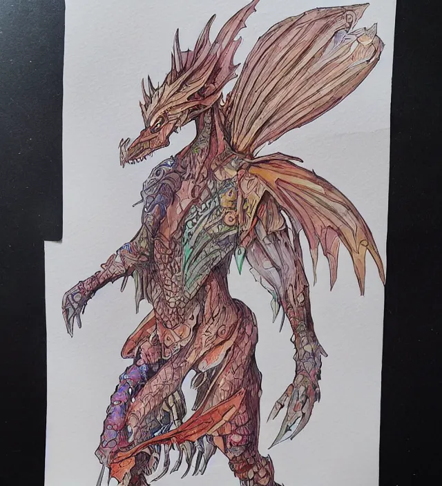 Prompt: a 3 / 4 view watercolor ink painting of a humanoid anthropomorphic dragon in a dress in the style of jean giraud in the style of moebius trending on artstation deviantart pinterest detailed realistic hd 8 k high resolution