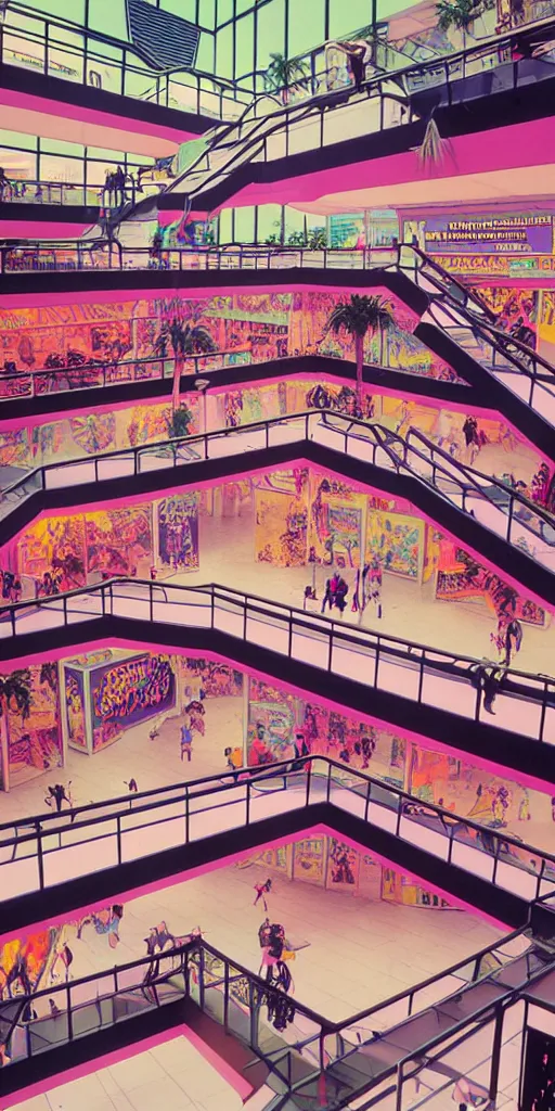 Image similar to huge sprawling angular dimension of infinite 8 0 s mall interior. liminal space, surrealism, mallsoft, vaporwave. muted colors, 8 0 s pop culture, food court, shot from above, endless, neverending epic scale by escher and ricardo bofill