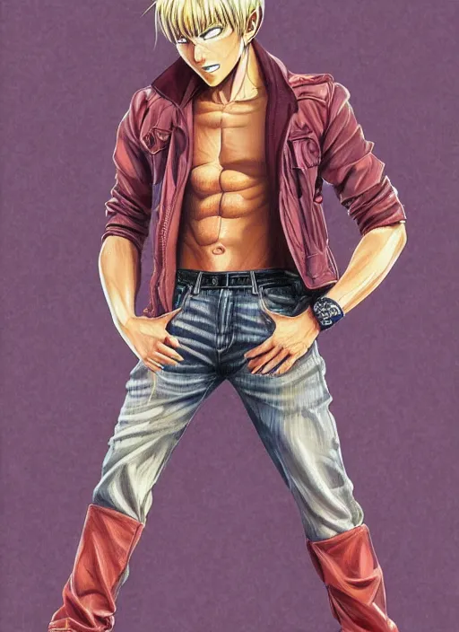 Prompt: Portrait of Onizuka from GTO wearing only jeans , masculine and muscular, both fist closed, intricate body, whole body highly detailed, digital painting, artstation, concept art, smooth, sharp focus, illustration, art by Hajime Sorayama