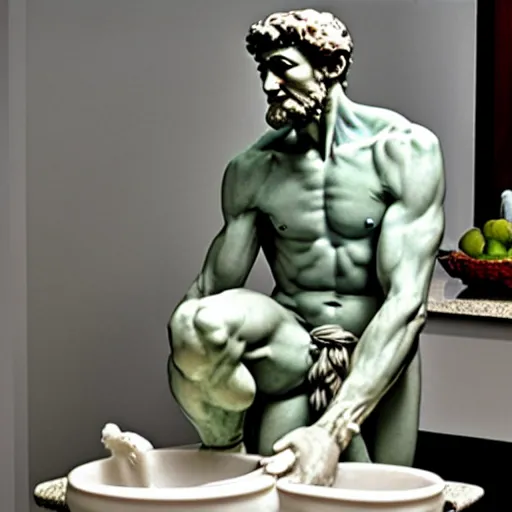 Prompt: michelangelo statue doing the dishes