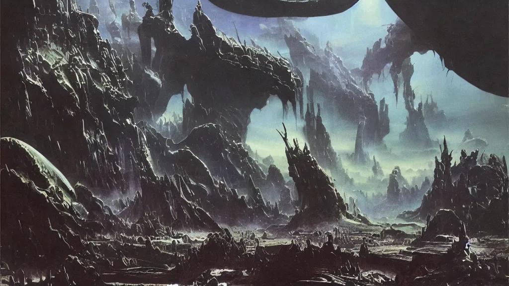 Image similar to surreal eerie alien planet empire by frank frazetta and bruce pennington, cinematic matte painting