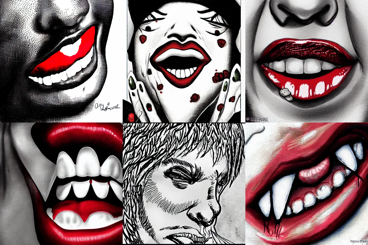 Prompt: Une fée sanguinaire, la bouche couverte de sang, avec des dents pointues, close-up, dessinée par Olivier Ledroit