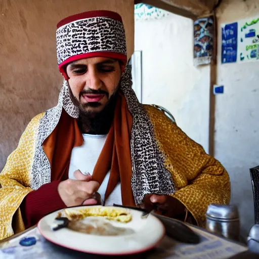 Prompt: a poodle wearing traditional Bedouin garb studying physiology in a cafe in Amman, Jordan