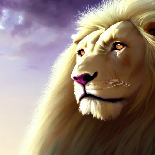 Image similar to a beautfiul aesthetic commission portrait of a anthro albino lion looking at the sky worried,attractive beautiful face,detailes face,expression,natural lighting,fantasy art,deviantart,artstation,character design by charles bowater,ross tran,greg rutkowski,4k,photorealistic