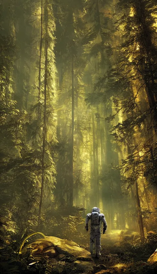 Image similar to american astronaut in the forest plants environment wide angle cinematic lighting atmospheric realistic octane render highly detailed, octane render, in the style of craig mullins