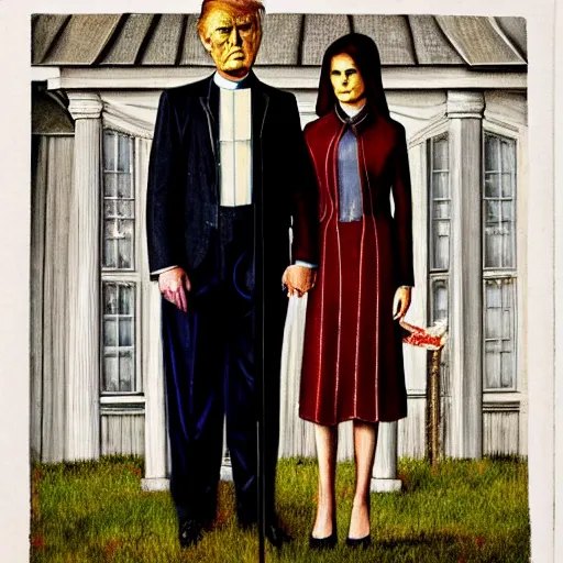 Image similar to american gothic with trump and melania