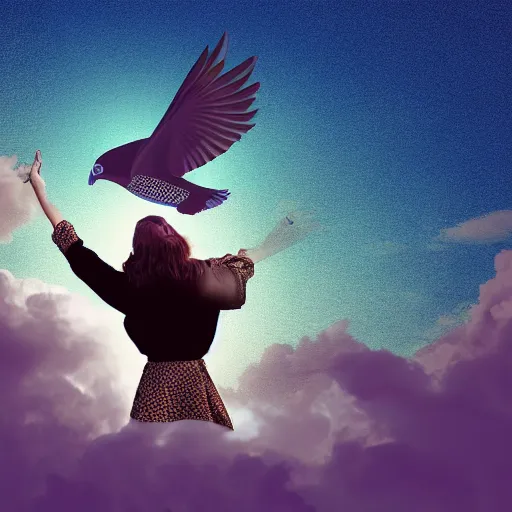 Prompt: Digital art of a woman riding a giant pigeon in the sky