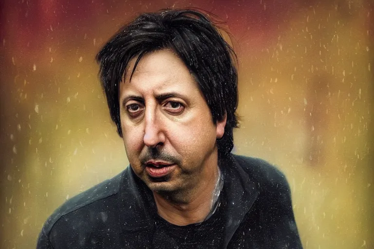 Image similar to ray romano, portrait, physically upset, gritty expressive male face, outdoor background, stadium atmosphere, rain storm, ethereal details, night, cinematic lighting, hyper - detailed, maximalist, trending on artstation, cgsociety, 8 k, high resolution, in the style of faiza maghni, david ligare, flora borsi, daniel gerhartz, elena masci