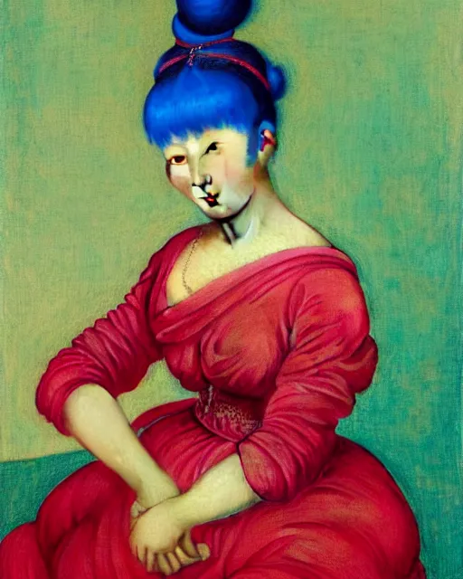 Image similar to photo-realistic portrait of an asian woman with blue hair buns, wearing a neon red dress by Vivienne Westwood, intricate details, masterpiece, in the style of Jean Auguste Dominique Ingres, black background