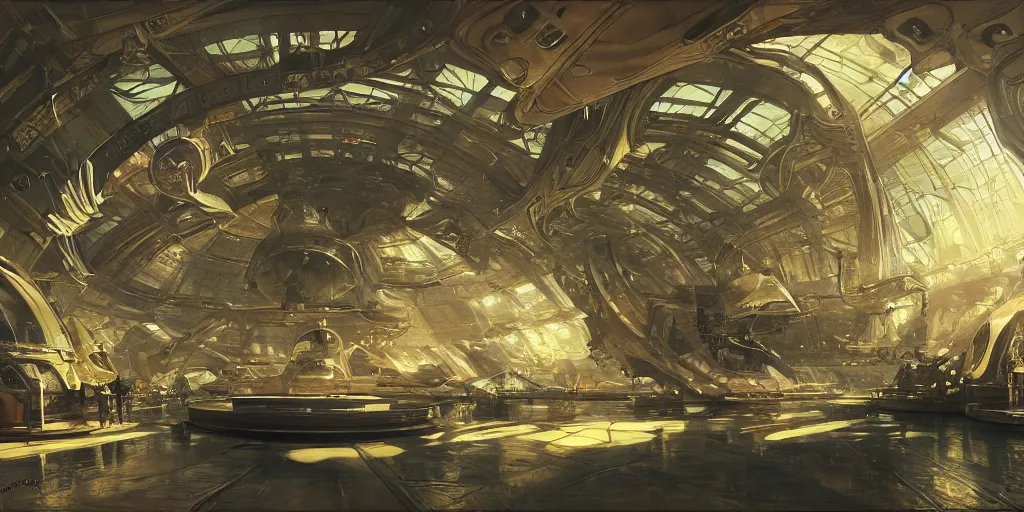 Prompt: wide shot, interior of an alien spaceship, futuristic, hyperrealism, crepuscular rays, ray tracing, by alphosne mucha adolf hiremy hirschl