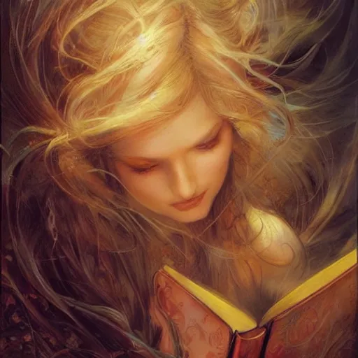 Image similar to a girl reading a book, her hair flowing down, by karol bak, ayami kojima, artgerm, smile, concept art, fantasy