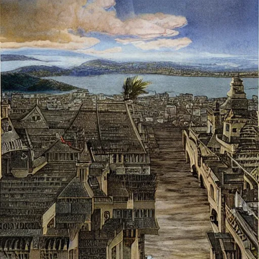 Image similar to a fijian queen looks down on her city from the palace balcony, fantasy art by alan lee