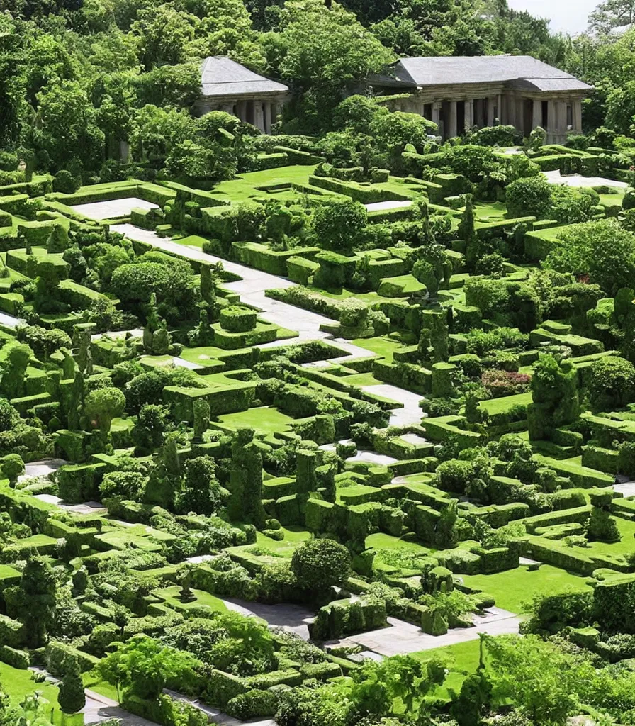 Image similar to a villa garden with a sculpture, garden landscape, symmetrical landscape and architectural design ， by gertrude jekyll and ieoh ming pei ， trending ，