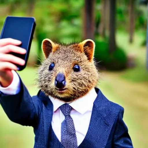 Image similar to happy quokka wearing a suit and a hat, taking a selfie, golden hour, realistic