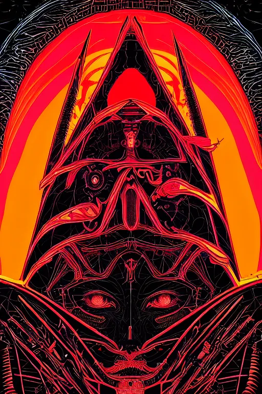 Prompt: symmetrical black and neon red complex poster art by dan mumford, moebius, goblinko, richard corben, wayne barlowe, heavy metal comic cover art, psychedelic triangular skeleton, very intricate, thick outline, full body, symmetrical face, long black crown, in a shapes background, galactic dark colors