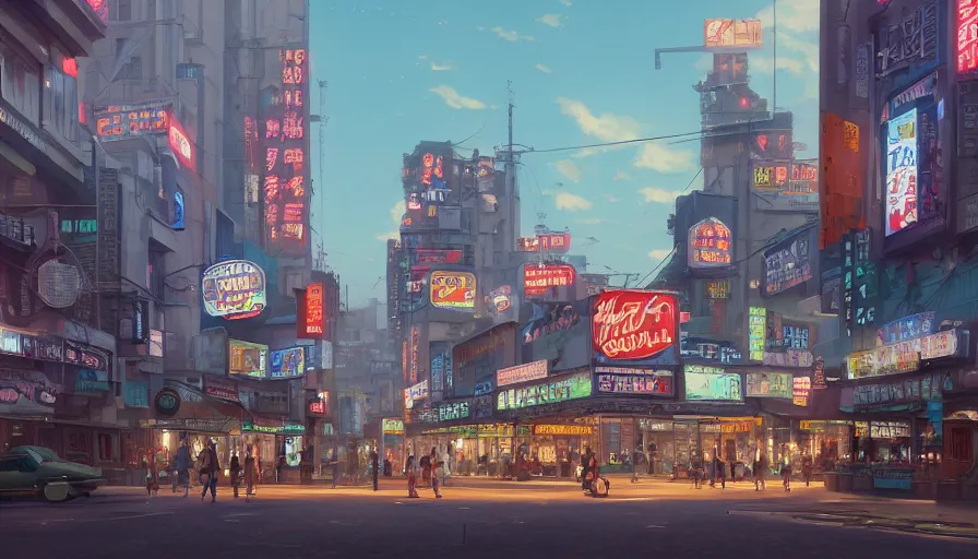 Image similar to A highly detailed matte painting of Buildings with Billboards and neonsigns by Studio Ghibli, Makoto Shinkai, by Artgerm, by WLOP, by Greg Rutkowski, volumetric lighting, octane render, 4K resolution, trending on artstation, masterpiece