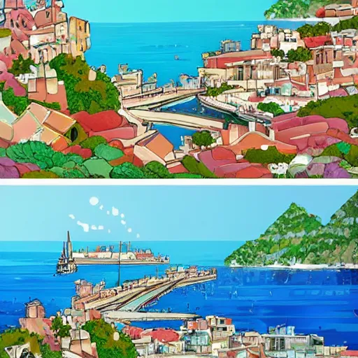 Image similar to artwork of a coastal city in Italy in the style of Studio Ghibli