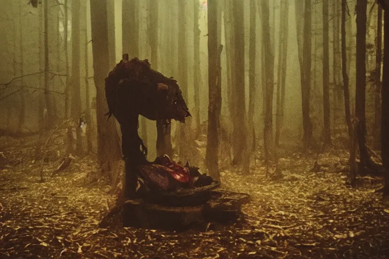 Image similar to terrible dark forest in the depths of which there is a large butcher chopping meat on a wooden stump from Dota 2 filmed hidden on a phone camera, Cinematic, wildlife photography, 35mm, photo on iphone