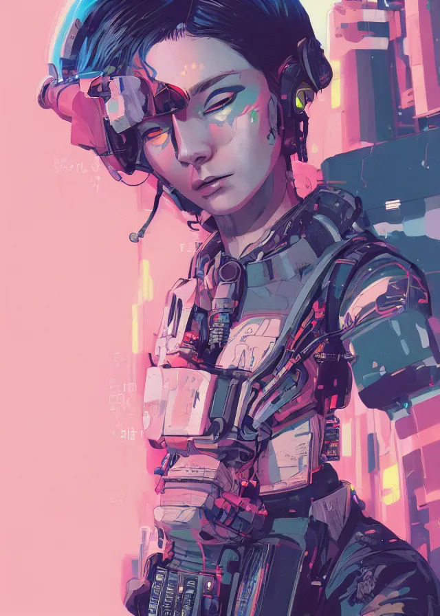 Prompt: very detailed, prophet graphic novel, ilya kuvshinov, rutkowski, simon roy, james jean, portrait illustration of a cyberpunk military woman, colorful, cinematic composition, ray tracing, hyperrealism, photorealistic