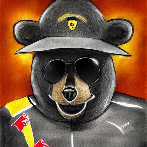 Image similar to A bear in a soccer suit smoking a cigar while drifting in a Lamborghini, digital art