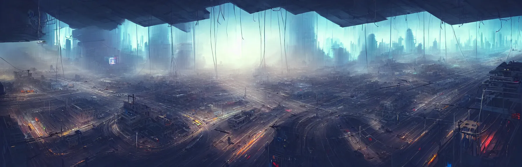 Prompt: “low angle of a gigantic building hovering above a city, long thick cables trash and debris hanging from underneath, smoke and thick dust in the air, rays of light, neon billboards and dried palmtrees in the streets, air ships examining the area, intricate and epic concept art, highly detailed, 8k, cinematic