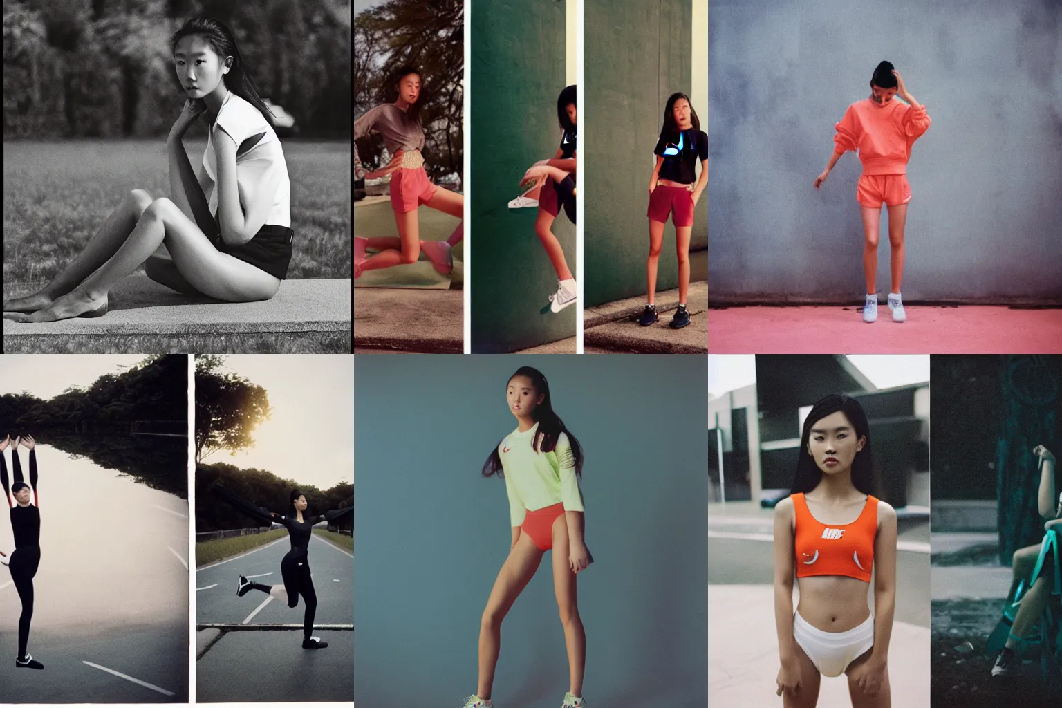 Prompt: realistic photoshooting for a new Nike lookbook, color film photography, portrait of a beautiful woman, in style of Ren Hang, 35mm, film photo