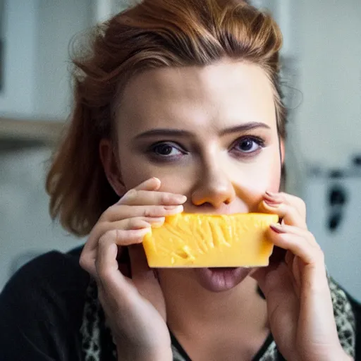 Image similar to beautiful portrait photo of Scarlett Johansson eating velveeta cheese staring sensually at the camera, 85mm