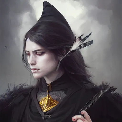 Image similar to hyper realistic portrait painting, beautifully rendered, gorgeous young witch with ceremonial markings and black feathers painted by greg rutkowski, wlop, artgerm, dishonored 2