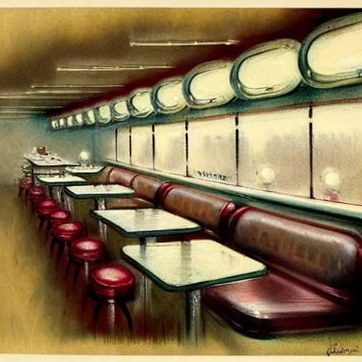 Image similar to ( ( ( ( ( 1 9 5 0 s diner interior. muted colors. ) ) ) ) ) by jean - baptiste monge!!!!!!!!!!!!!!!!!!!!!!!!!!!!!!
