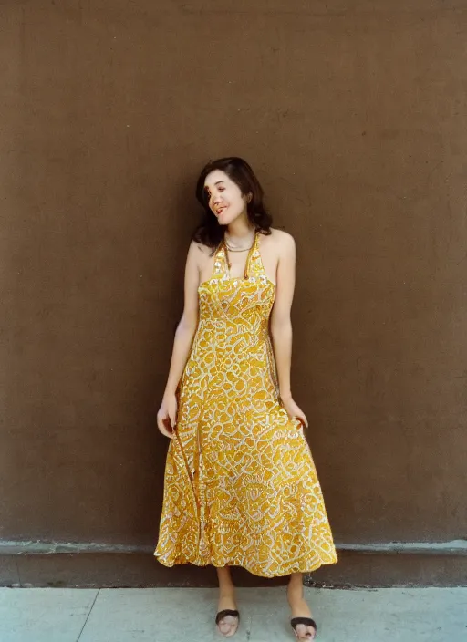 Prompt: portrait of a beautiful brown hair woman in a yellow sun dress in downtown Los Angelas, 50mm lens, Kodak Portra 400 film