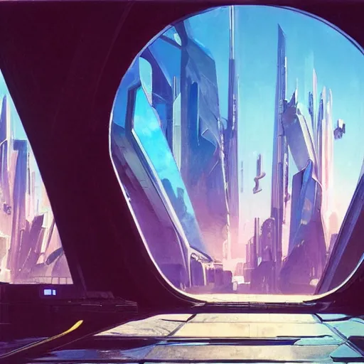 Image similar to derelict portal in a middle of a futuristic cityscape, world seen only through a portal, daylight, cinematic perspective, cinematic lighting, blue sky, syd mead, john harris