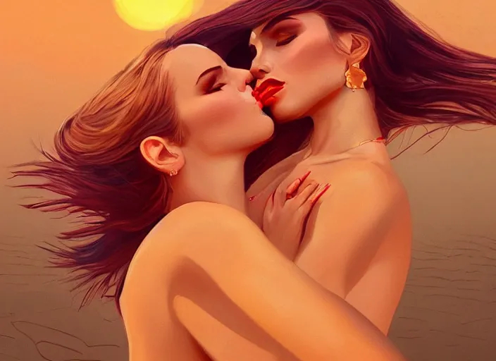 Image similar to woman love woman, sweet hugs, gold trim, atmoshperic, elegant, sharp focus, sand sea, red sun, huge lips, by ilya ozornin, trending on artstation, intricate details