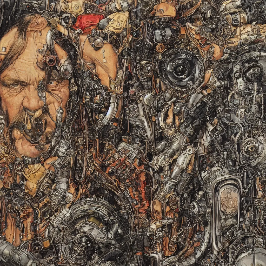 Image similar to A dramatic full-color art nouveau and ironpunk styled bust panorama portrait of lemmy kilmister as an dieselpunk engine tank king of the universe, hyperdetailed mixed media artwork combining the styles of Travis Charest, Michael Kaluta and Bill Sienkiewicz, vast power, perfectly symmetrical facial features, 8k, deeply hyperdetailed, cinematic lighting, realistic mechanical details, 8k, UHD, HDR