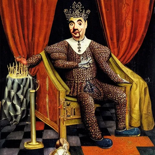 Prompt: A portrait of Mr. bean depicted as a medieval king on a throne, renaissance oil painting by Salvador Dali