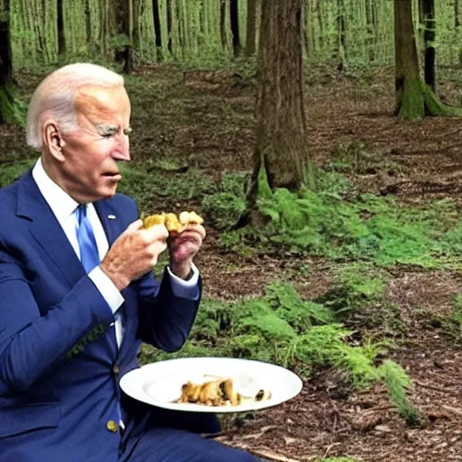 Prompt: joe biden eating mushrooms in the forest