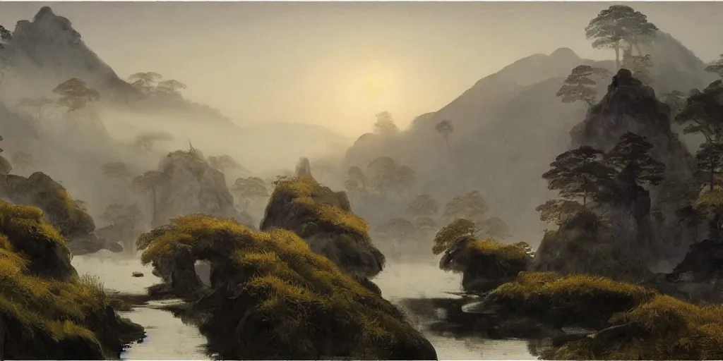 Prompt: a beautiful water color and ink painting of a large landscape, with a chinese temple, streams and rocks, at dawn, emerging sun and hills on the horizon some light fog by lee madgwick or caspar david friedrich or edouard manet, trending on artstation, more dark purple color scheme, cinematic lights