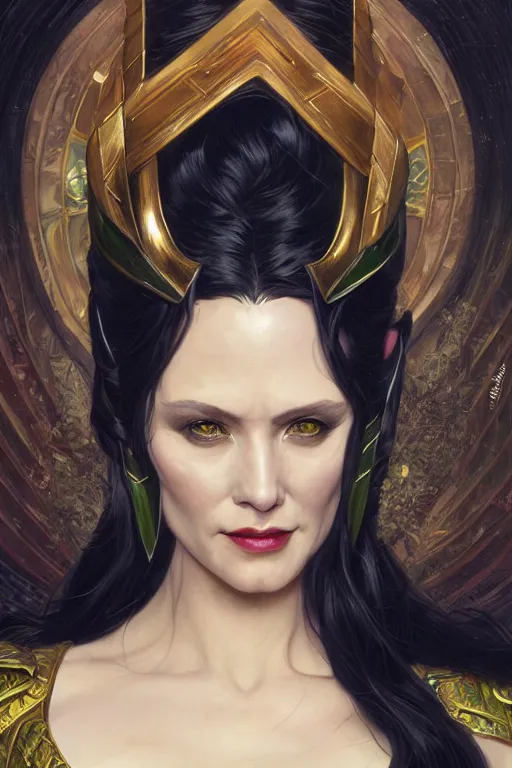 Prompt: portrait of lady loki, D&D, fantasy, highly detailed, digital painting, artstation, concept art, smooth, sharp focus, illustration, art by artgerm and greg rutkowski and alphonse mucha