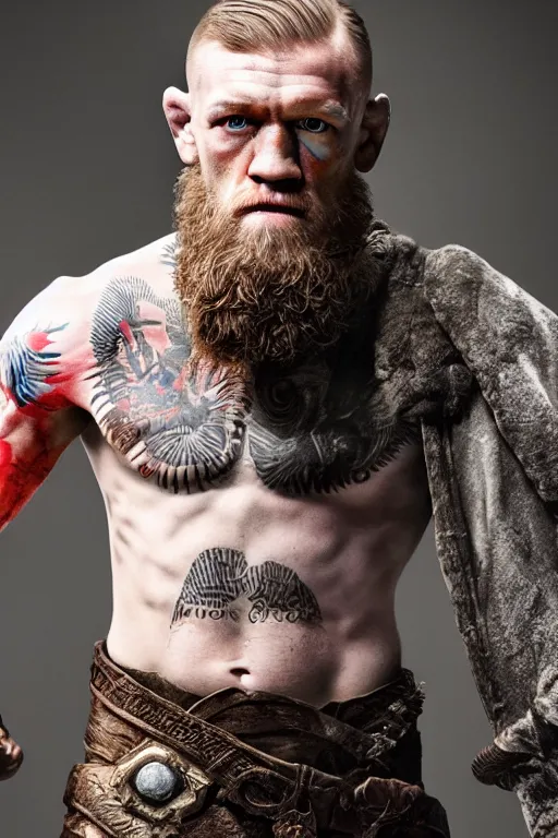 Image similar to connor mcgregor as balder from god of war, 8 k, hdr, great light, gustave courbet, annie leibowitz