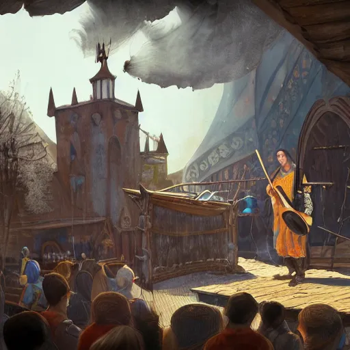 Image similar to a detailed concept art of a young medieval bard singing in a wooden stage in the middle of an old wooden town with his hurdy - gurdy. magical smoke explosion around him. mid day light. sunny day. medieval market fest. people gathering around. wide angle. trending on artstation, craig mullins, gopro lens. centered composition. water well.